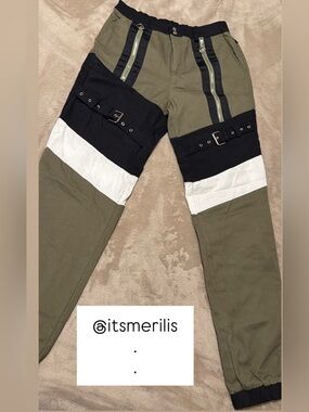 Hot & Delicious Olive Green Cargo Pants with Black & White Accents